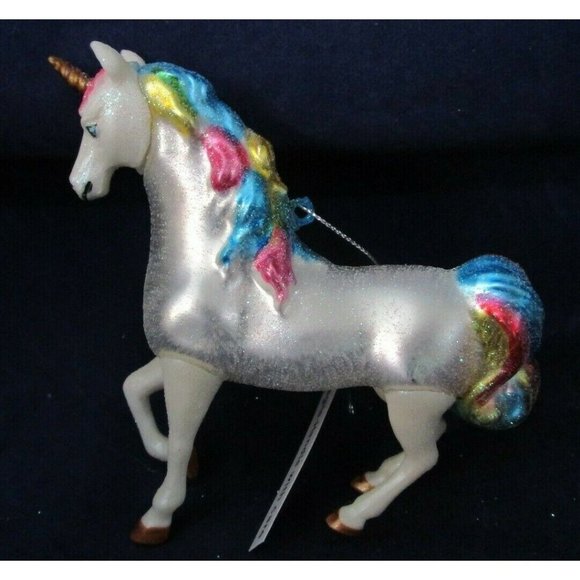 Unicorn Horse Rainbow Tail Mane Glitter Mercury Style Blown Glass Ornament New - Picture 2 of 11